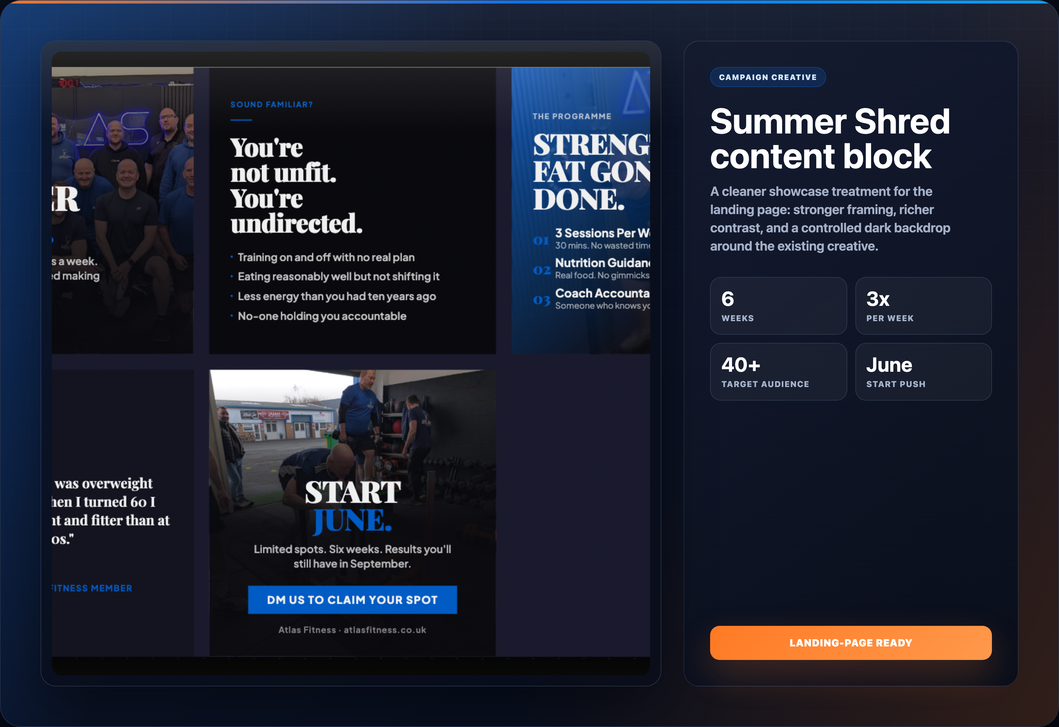 Ravini Content Studio — the Summer Shred campaign block, a branded landing-page preview with weeks, frequency, target audience and start month, marked landing-page ready