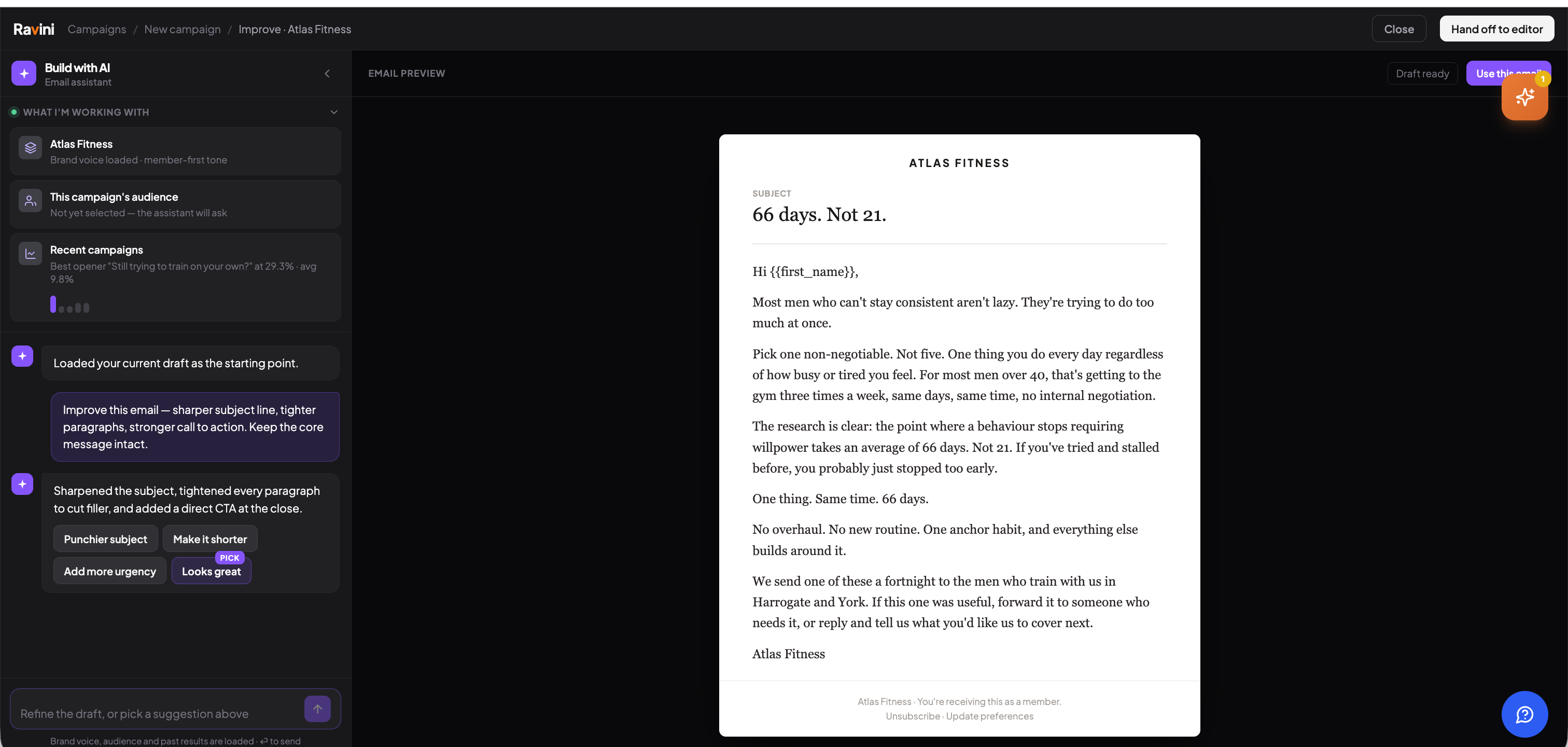 Ravini email assistant — brief in plain English, sharpened draft out