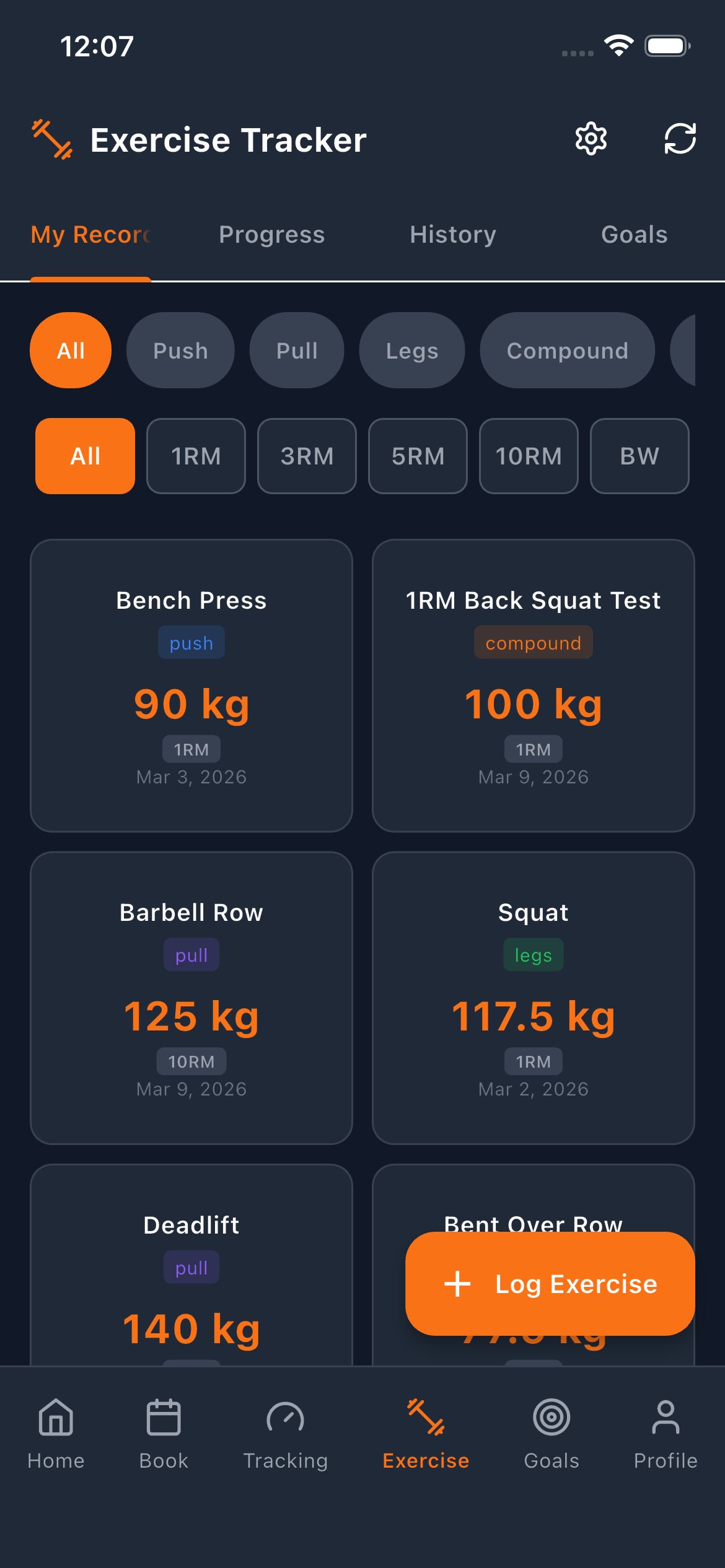 Ravini member app personal records grid